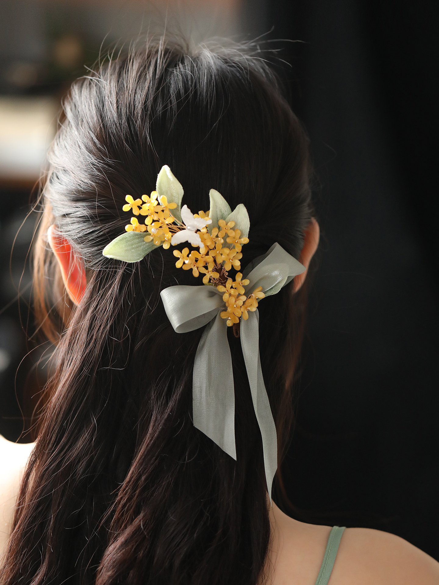 National Style Sweet Girl Hair Accessories - Osmanthus Long Ribbons Side Hair Clips for Hanfu and Ancient Style Looks
