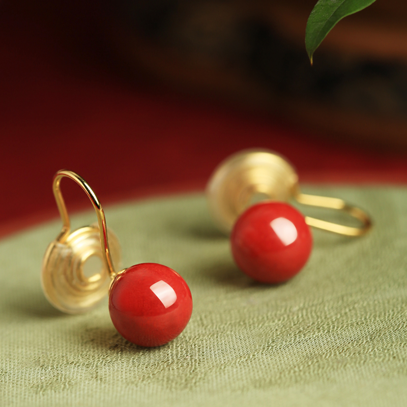 Natural Cinnabar Pure Silver Earrings for Women - Chinese Style Red Retro Ear Clips & Studs, Metaphysical Wealth Accessories