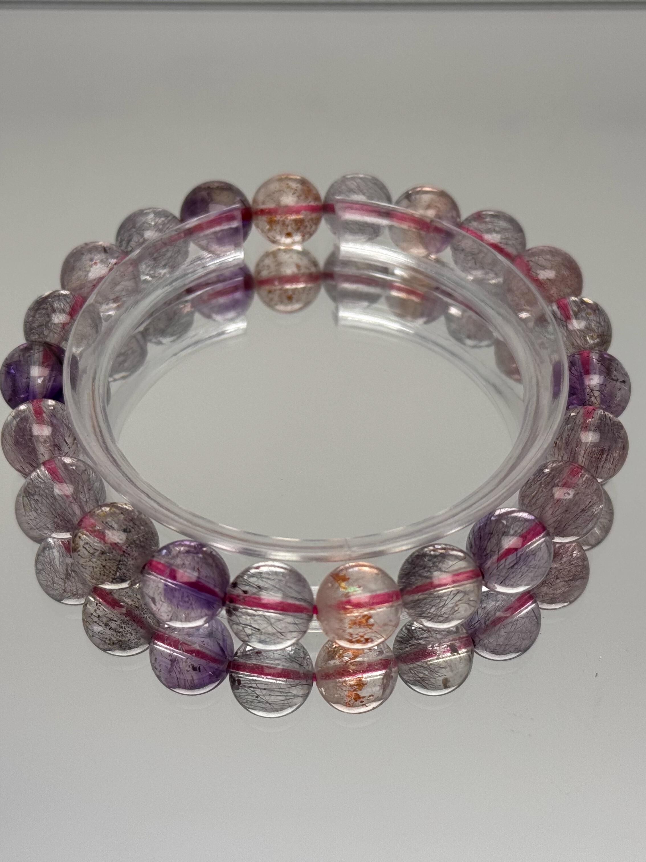 Natural Fairy Super Seven Crystal Bracelet - Purple Beads with Golden Strawberry Higanbana and Fireworks Design, Bohemian Jewelry