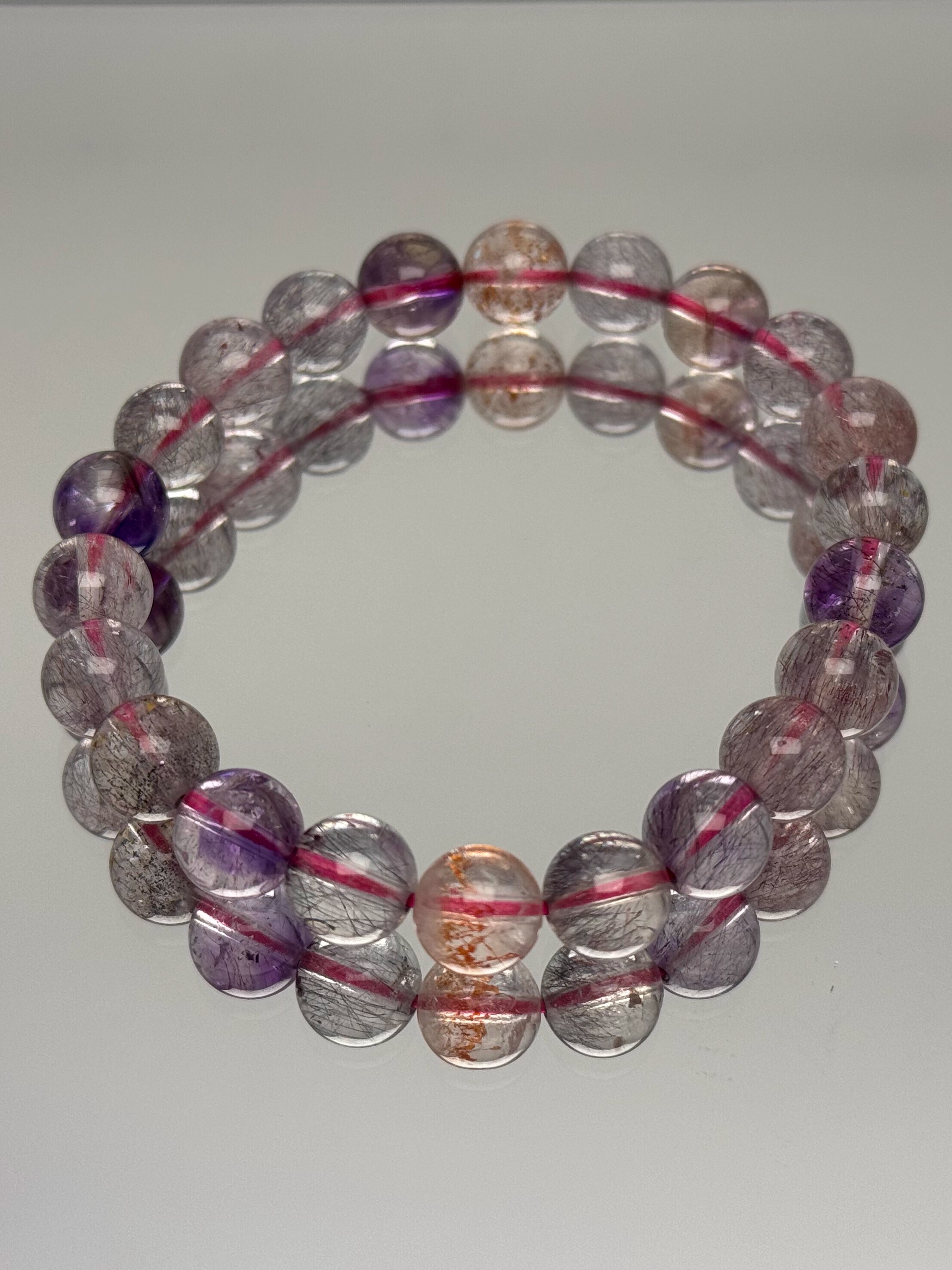 Natural Fairy Super Seven Crystal Bracelet - Purple Beads with Golden Strawberry Higanbana and Fireworks Design, Bohemian Jewelry