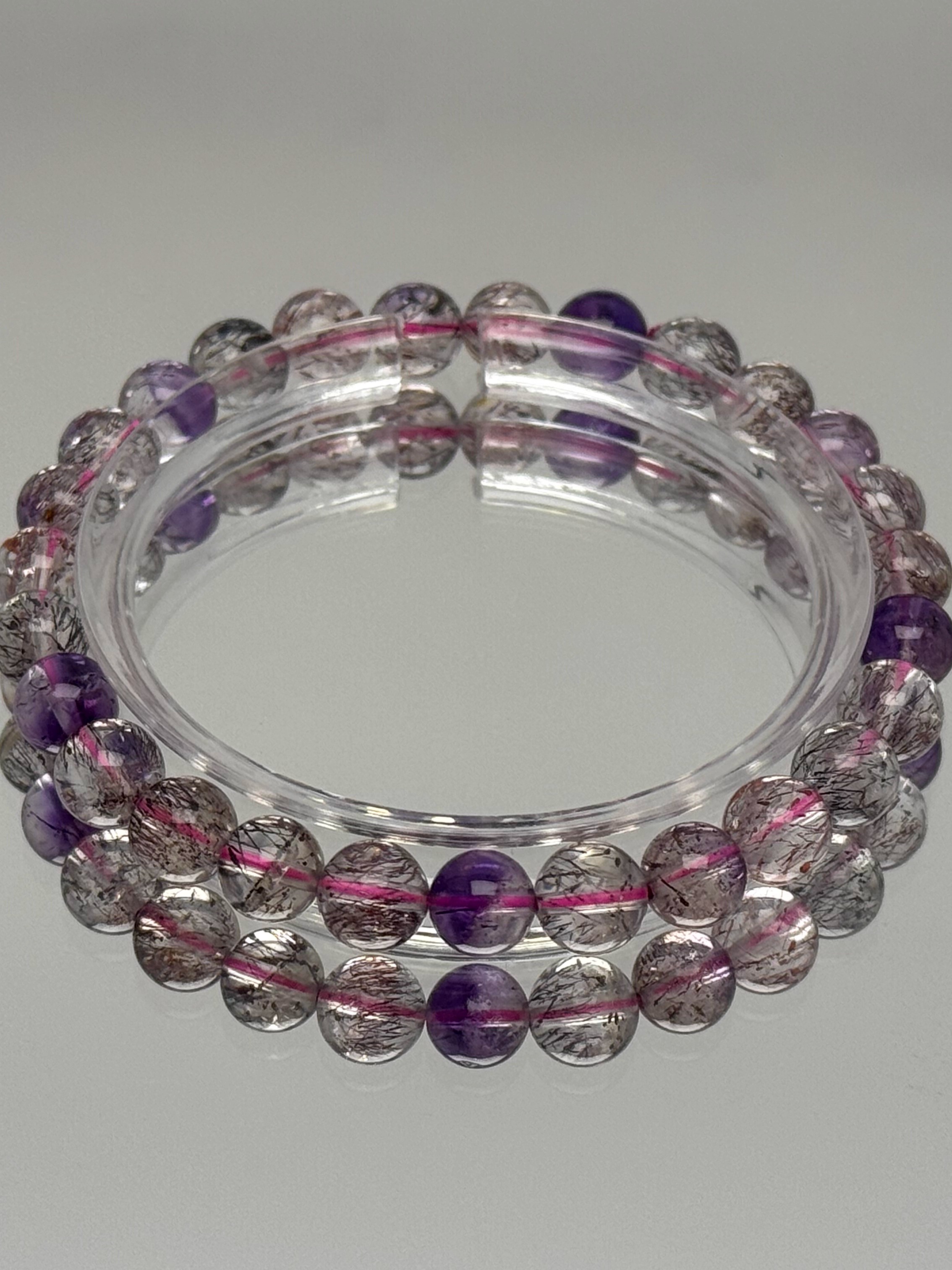 Natural Fairy Super Seven Crystal Bracelet with Purple Beads and Black Crystal Accents - Boho Chic Gemstone Jewelry