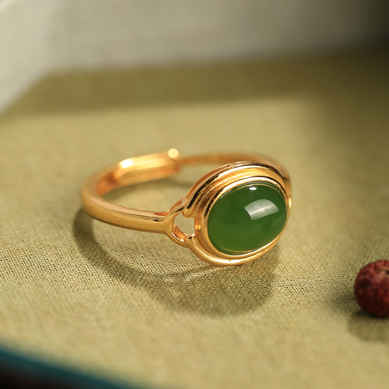 Natural Hetian Jade Green Egg Face Ring for Women - 18K Gold-Plated Luxury Ingot with Pure Silver and Jade Stone Accent