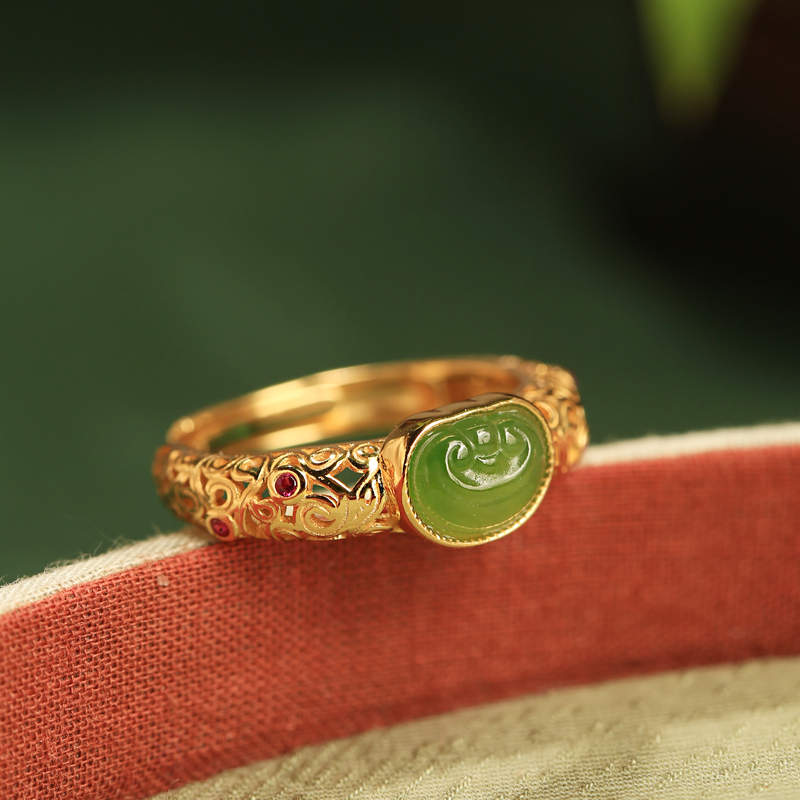 Natural Hetian Jade Green Jadeite Ring in Pure Silver - Ancient Gold Cloud Design, Women's Open Gold Inlaid Jewelry, Chinese Style