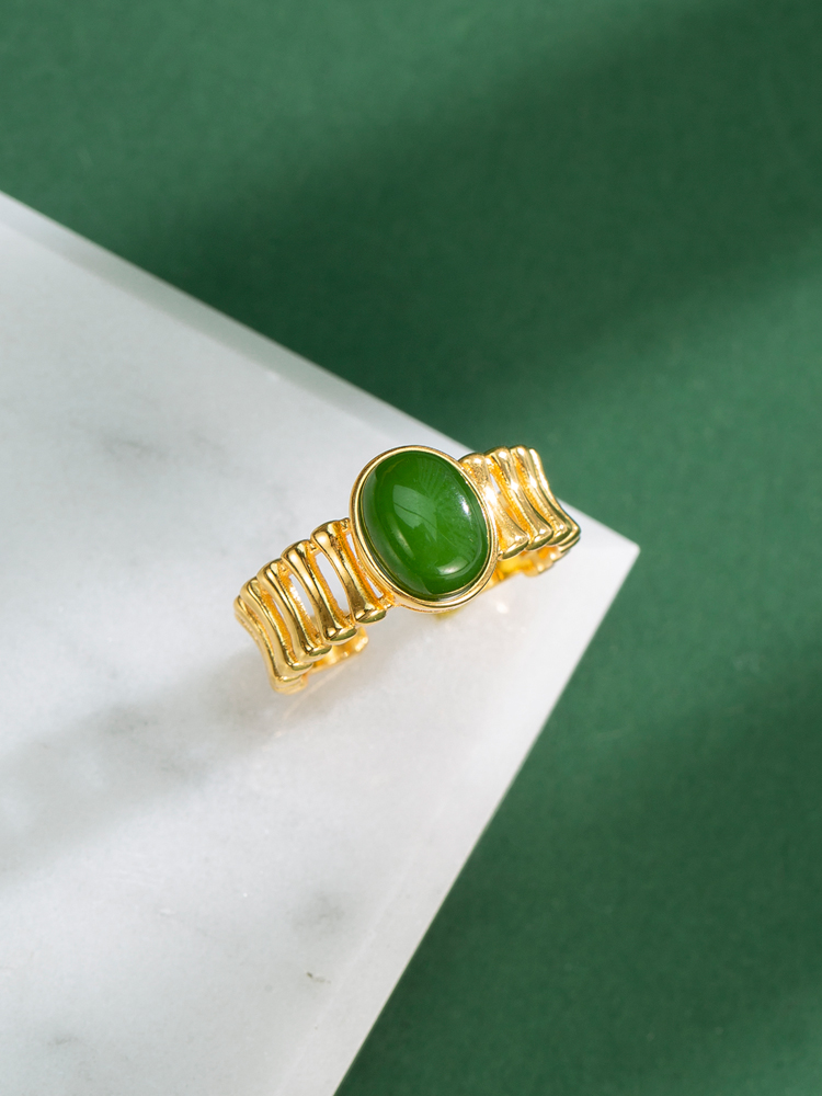 Natural Hetian Jadeite and Silver 18k Gold-Plated Ring for Women - Luxe Gemstone Index Finger Ring with High-End Appeal