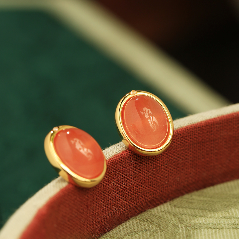 Natural Nanhong Stone & Silver Ear Studs for Women, Chinese Style Red Jade and Agate Earrings, National Wind Design