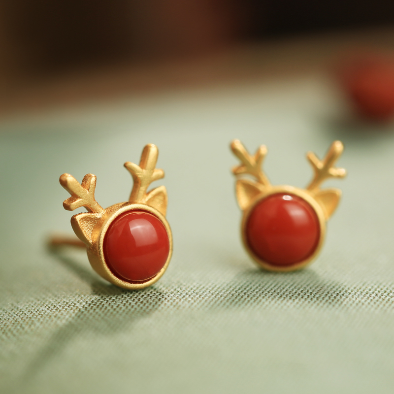 Natural South Red Deer Pure Silver Stud Earrings - Retro Zodiac Year Design with Agate - National Style Women's Jewelry