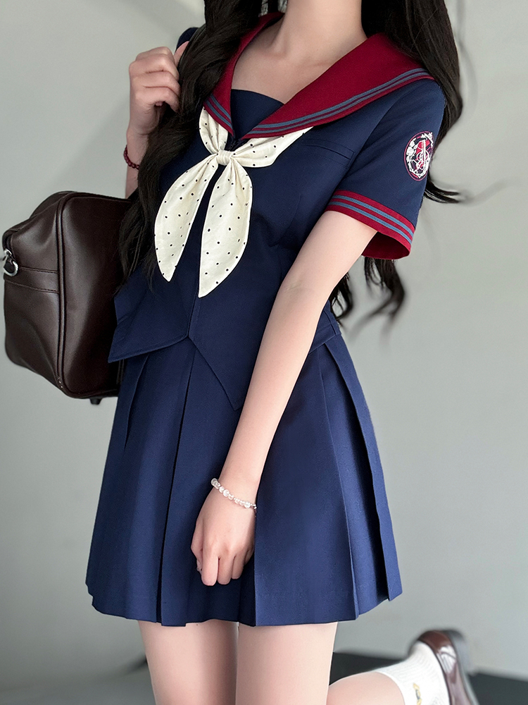 Navy Collar Bad Sailor Suit Set - Short Sleeve Pudding Bear JK Uniform - Summer Basic Model Fashion for Y2K and Korean Style Enthusiasts