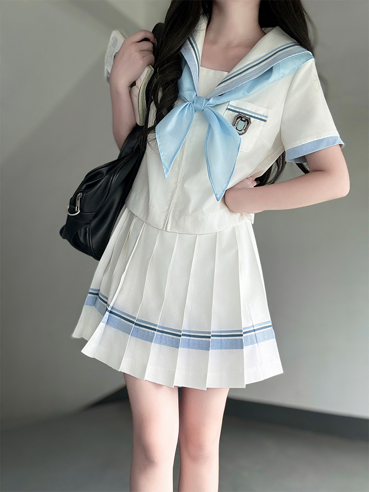 Navy Collar Plaid Splicing Short Sleeve Top Women's Set - Pudding Bear JK Uniform College Style Summer Fashion