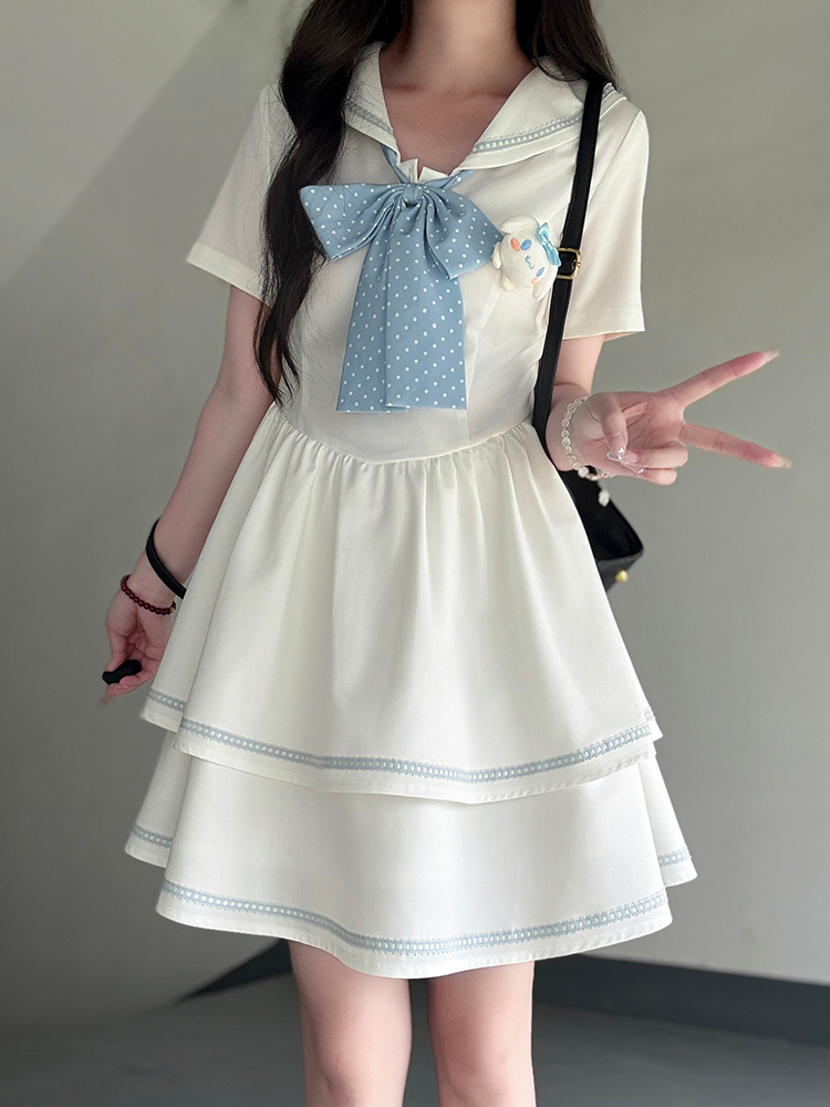 Navy Collar Short Sleeve Double-Layer Cake Skirt Pudding Bear JK Uniform Summer Dress - 2025 Y2K Fashion Style