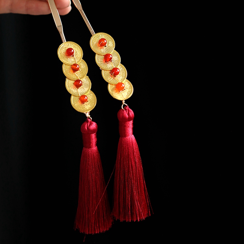 New Year Copper Coin Hairpin for Girls, Vintage Hanfu Hair Accessory with Red Tassels, Horse-Face Skirt Pin, Festive Ornament