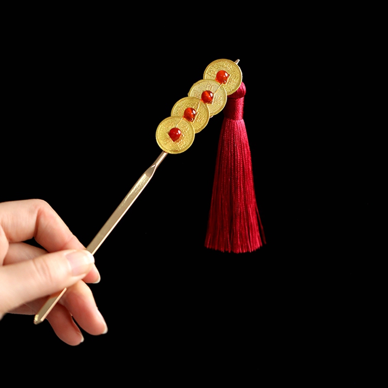 New Year Copper Coin Hairpin for Girls, Vintage Hanfu Hair Accessory with Red Tassels, Horse-Face Skirt Pin, Festive Ornament