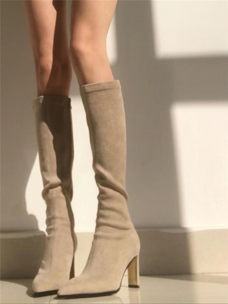 Nude Over-the-Knee High Heeled Boots for Women - Stretchy Slim-Fit Chunky Heel Thigh-High Style for Autumn Winter 2025