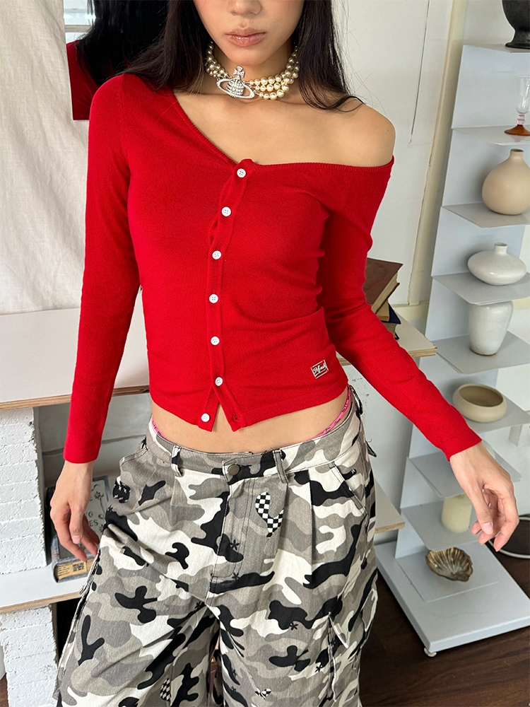 Off-Shoulder Button Long Sleeve Knit Top - Slim Fit, Thin & Breathable Summer Shirt in American Style