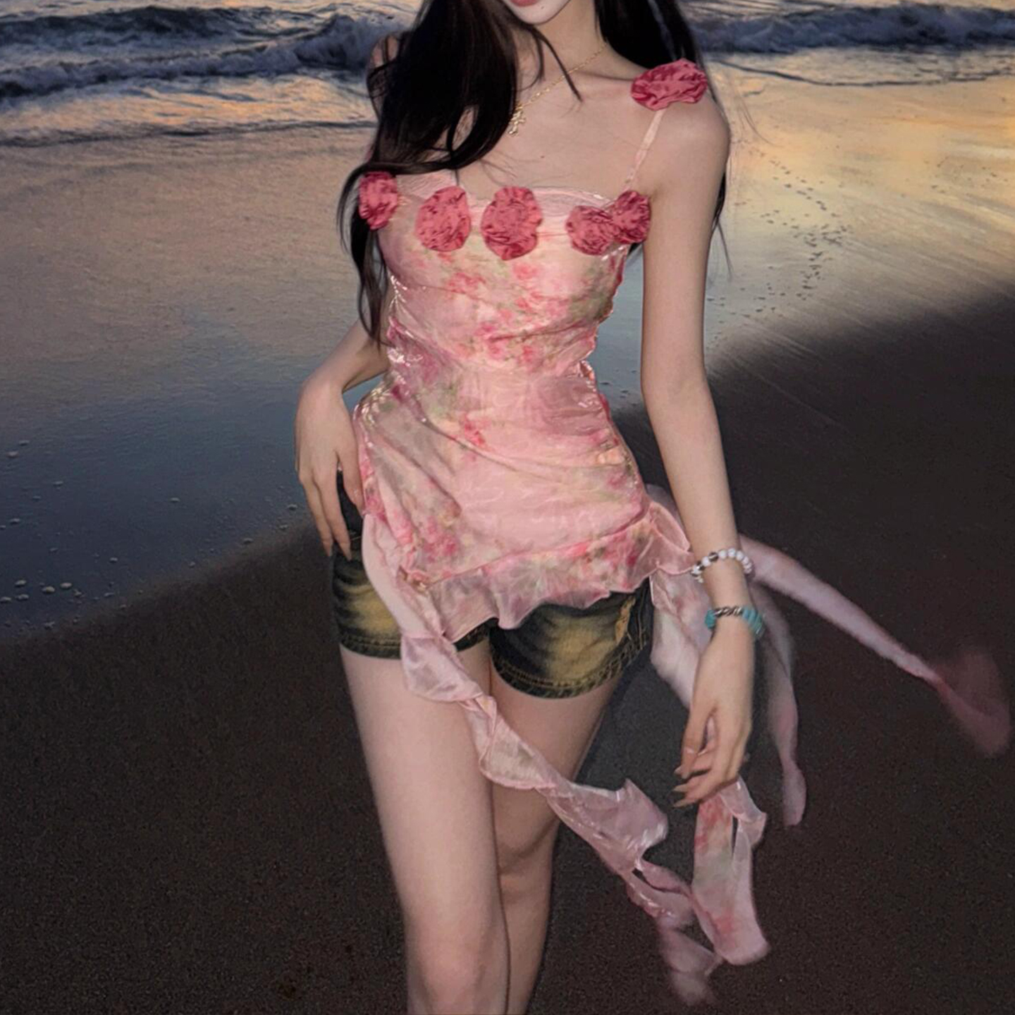 Off-Shoulder Floral Camisole Top - Slim Fit Ruffled Design for a Sweet and Sexy Look - Perfect for 90s and Y2K Styles
