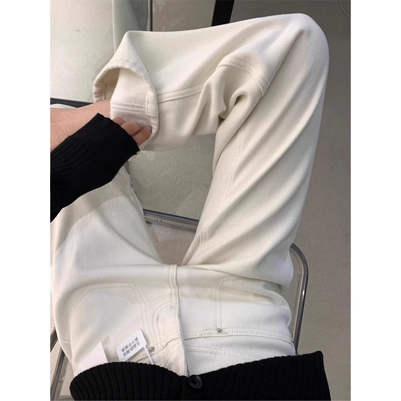Off-White High-Waisted Fleece Narrow Wide-Leg Jeans for Women - Petite Sizes, 2025 Autumn Winter Straight Pants