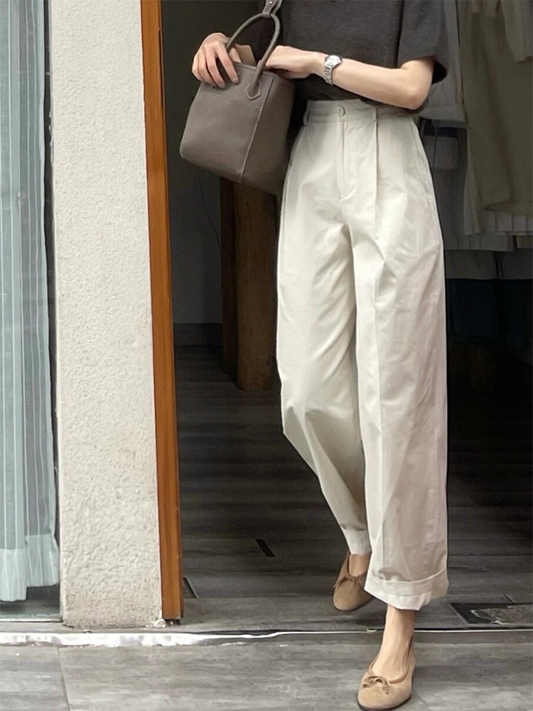 Off-White High-Waisted Japanese-Style Casual Pants for Women - Summer Loose Straight-Leg Wide-Leg Trousers with Drape