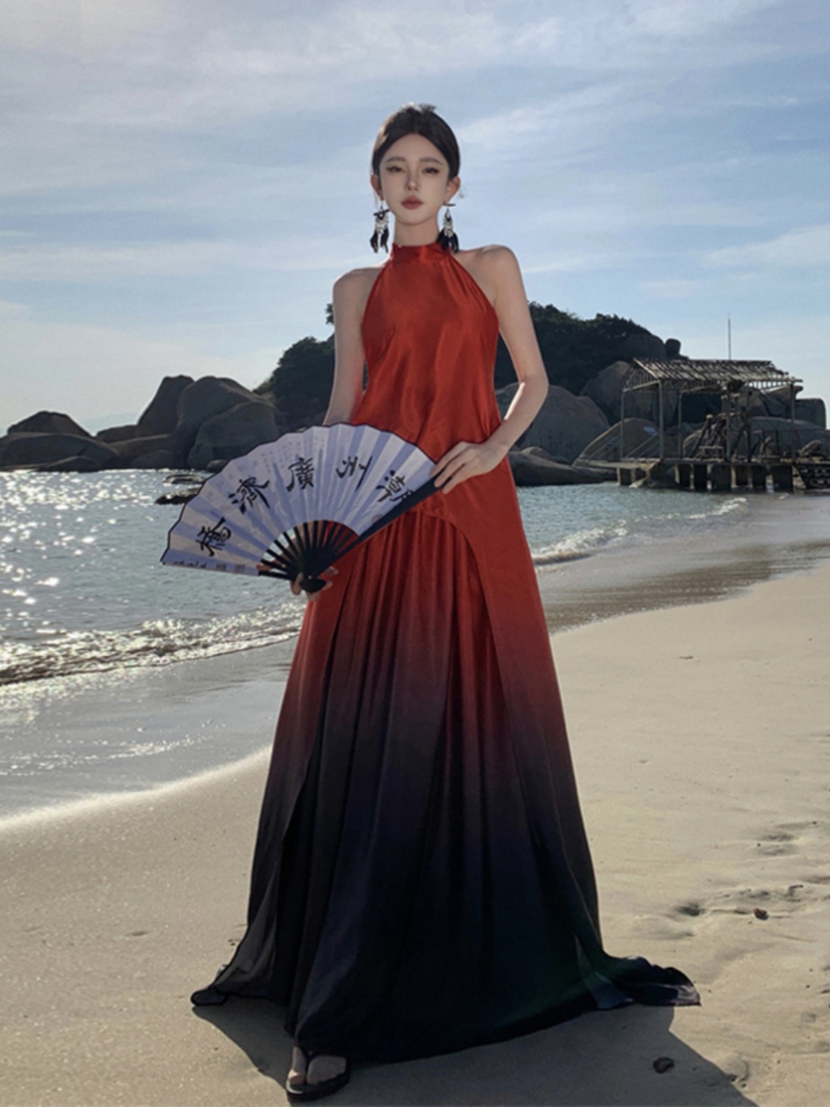 Open-Back Gradient Halter Dress for Women - Heavy-Duty Loose Fit Summer Beach Vacation Long Dress