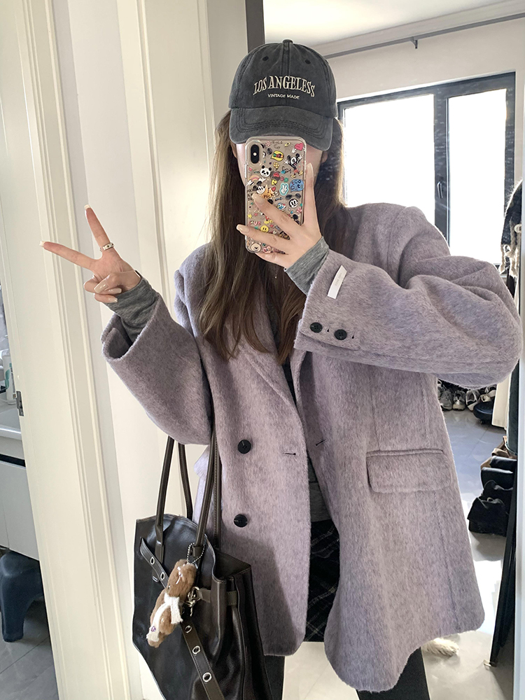 Petite Loose Fit Purple Woolen Suit Coat for Women - Stylish Short Length Cotton-Padded Overcoat for Winter 2025