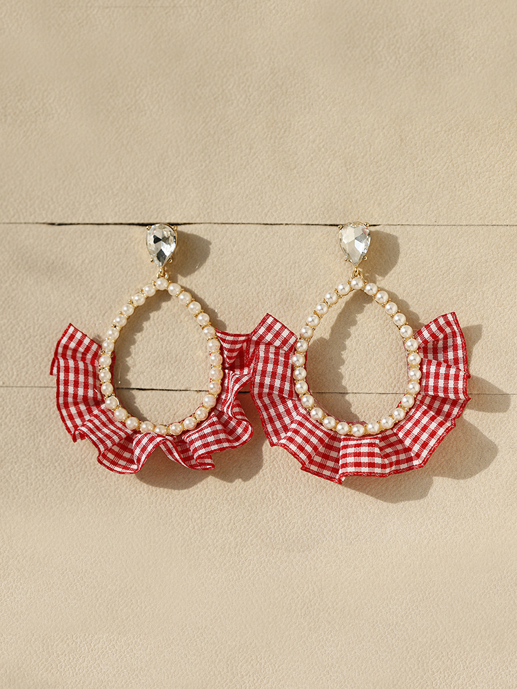 Pink Checkered Pastoral Pearl Water Drop Earrings - Cute and Elegant Lady Studs for Fashionable Outfits