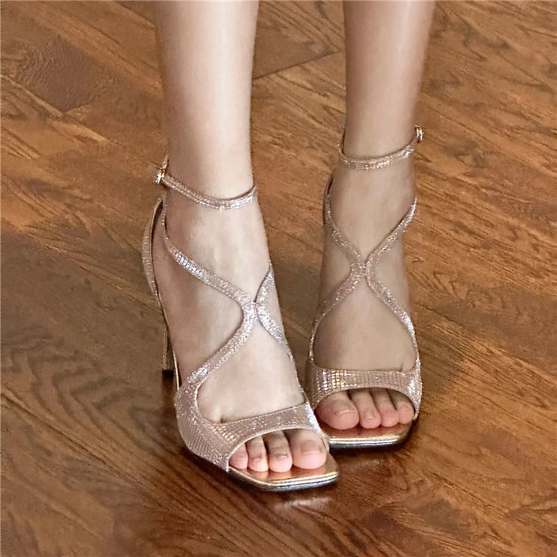Pink Fish Mouth Sandals for Women - Square Toe Open-Toe Thin Heel Cross Sequined Summer High Heels 2025 - Sexy Temperament
