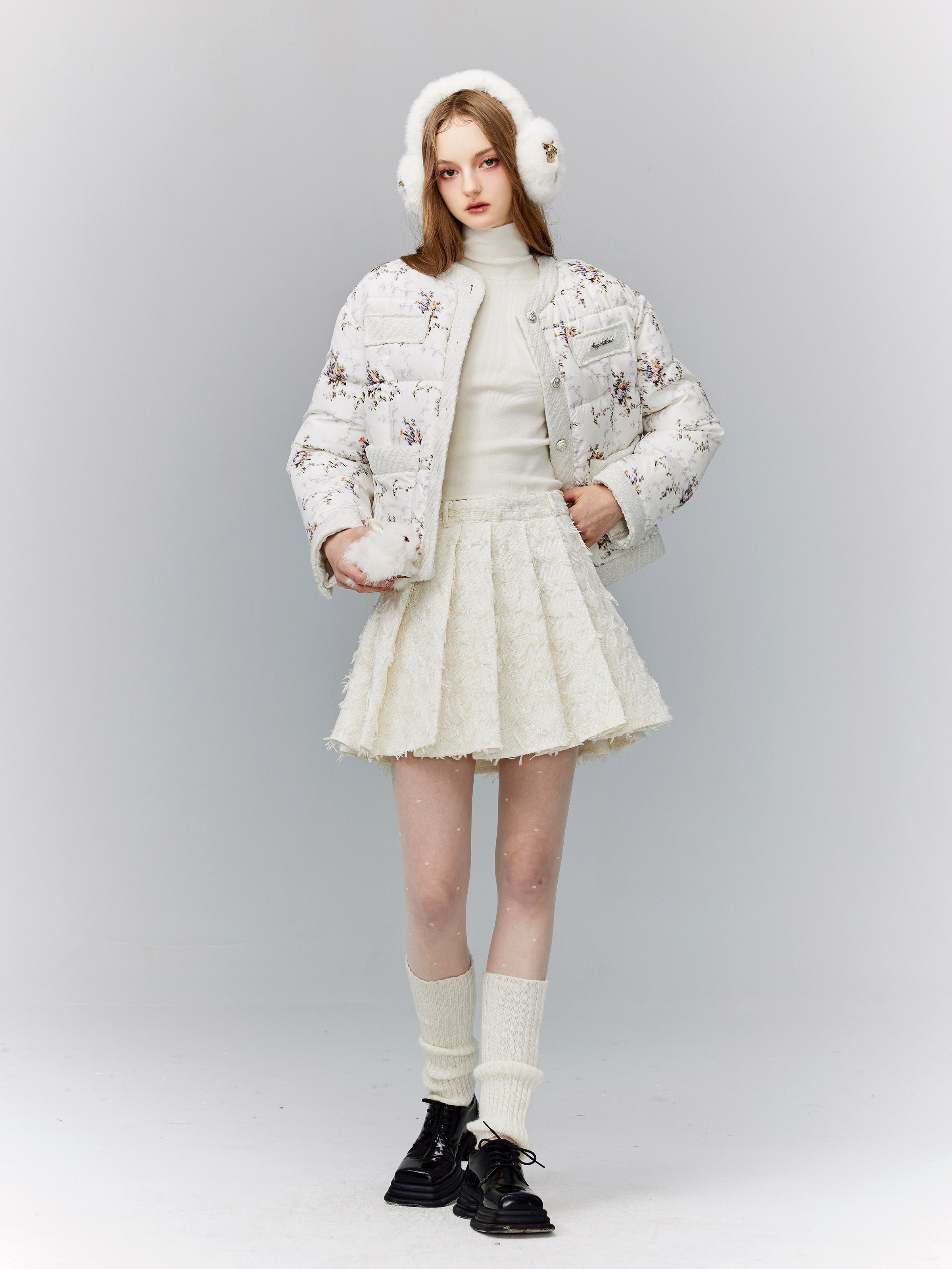 Pink Floral Snowfall Spliced Cotton Jacket - Winter Sweet Short Coat for Women - Cozy and Stylish Outerwear