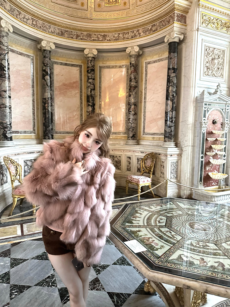 Pink Fox Fur Short Plush Coat for Women - Winter Fashion, Cozy Outerwear for Young Ladies, Chic and Stylish