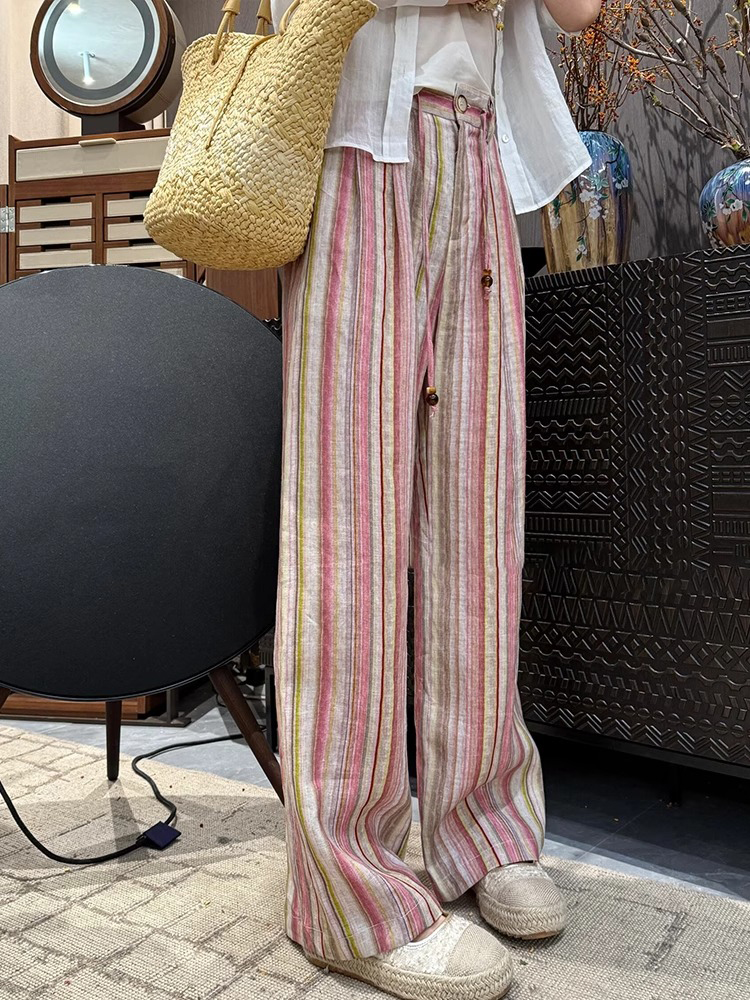 Pink Striped Casual Pants for Women - 2025 Summer Korean Style Loose Straight Trousers
