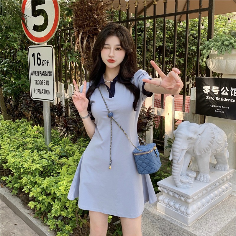 Polo Collar Dress with Puff Sleeves, Slimming Waist-Cinching Design, College Style for Summer, Age-Reducing Sweet Look