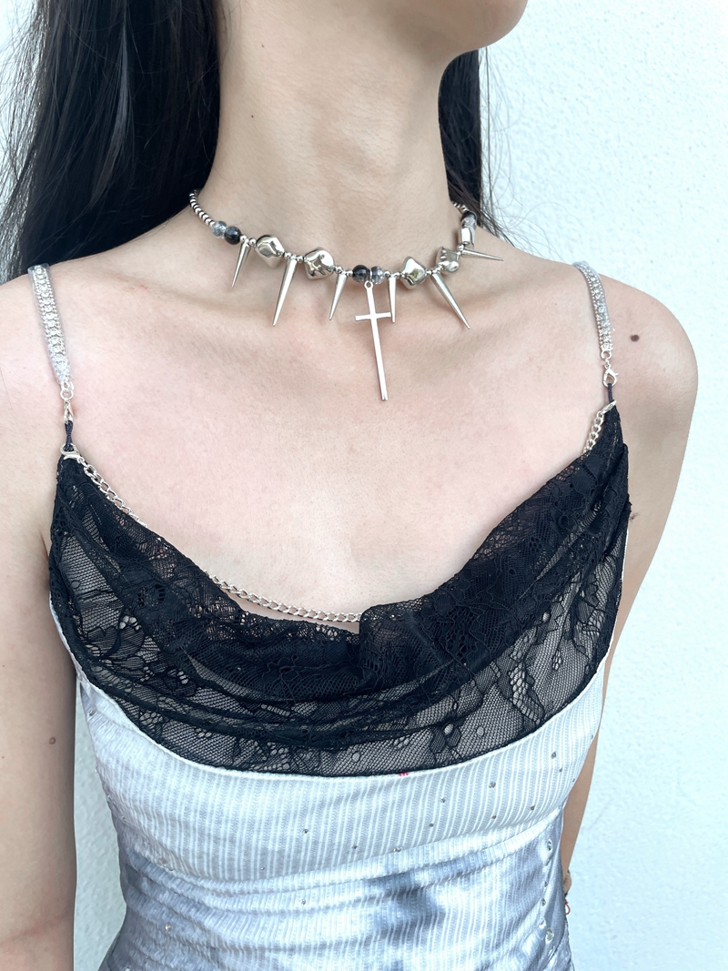 Punk Studded Cross Necklace in Titanium Steel with Tassel - Hip-Hop Style Accessory for Sweet and Spicy Girls