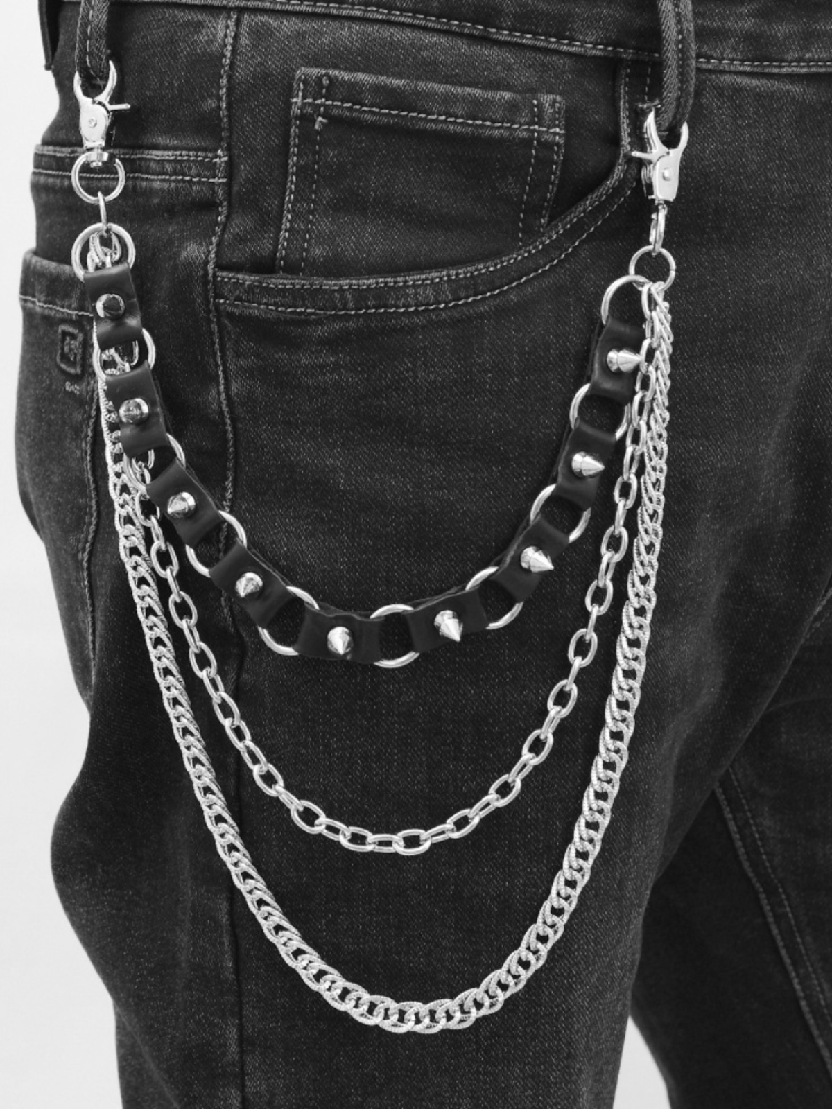 Punk Style Multi-Layer Spiked Denim Pants with Chain - Edgy Streetwear for Alternative Fashion Lovers