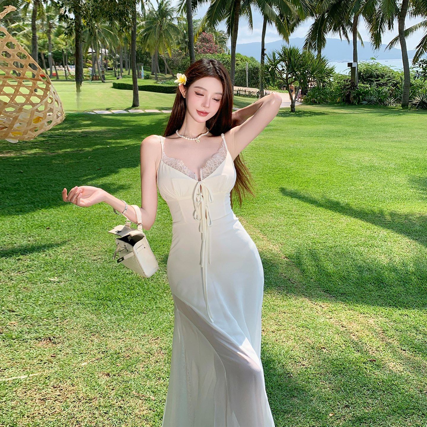 Pure Desire Sheer Sleeveless Dress with Waist Tie - Stunning White Tea Dress for Women, Summer Seaside Vacation Style