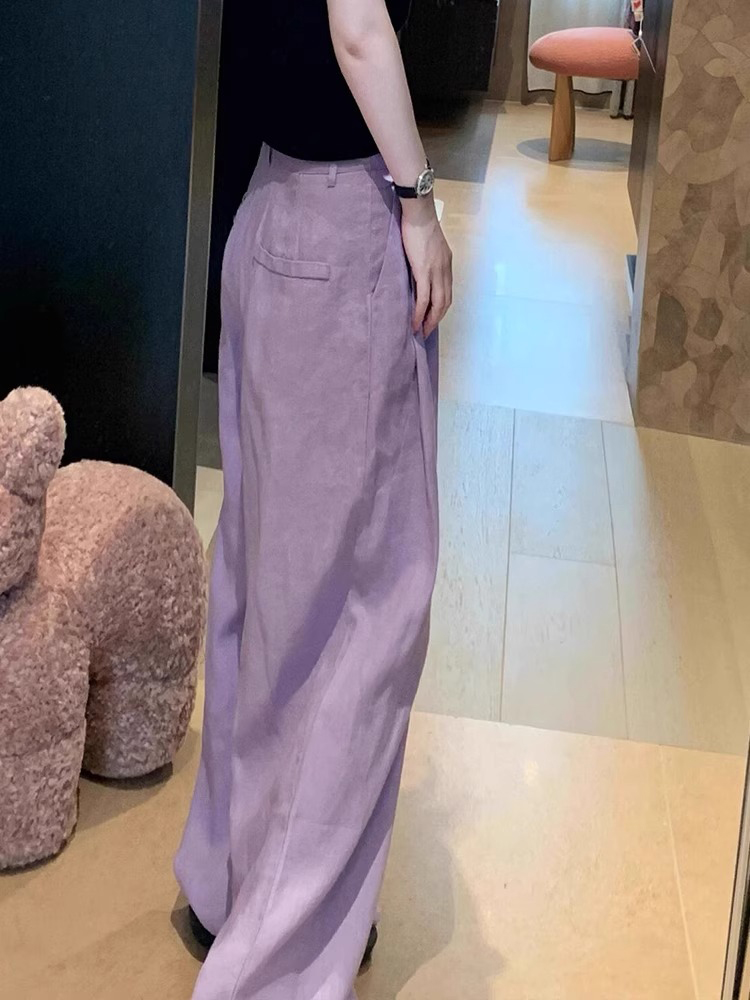 Purple High-Waisted Draped Pleated Wide-Leg Pants for Women - Summer 2025 Casual Loose Straight Trousers, Elegant High-End Fashion