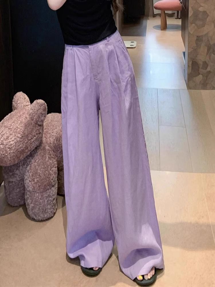 Purple High-Waisted Draped Pleated Wide-Leg Pants for Women - Summer 2025 Casual Loose Straight Trousers, Elegant High-End Fashion