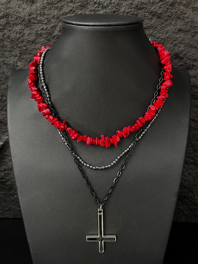 Red Gravel Cross Necklace for Women - Clavicle Chain, Light Luxury High-End Accessory for 2025 Y2K Style
