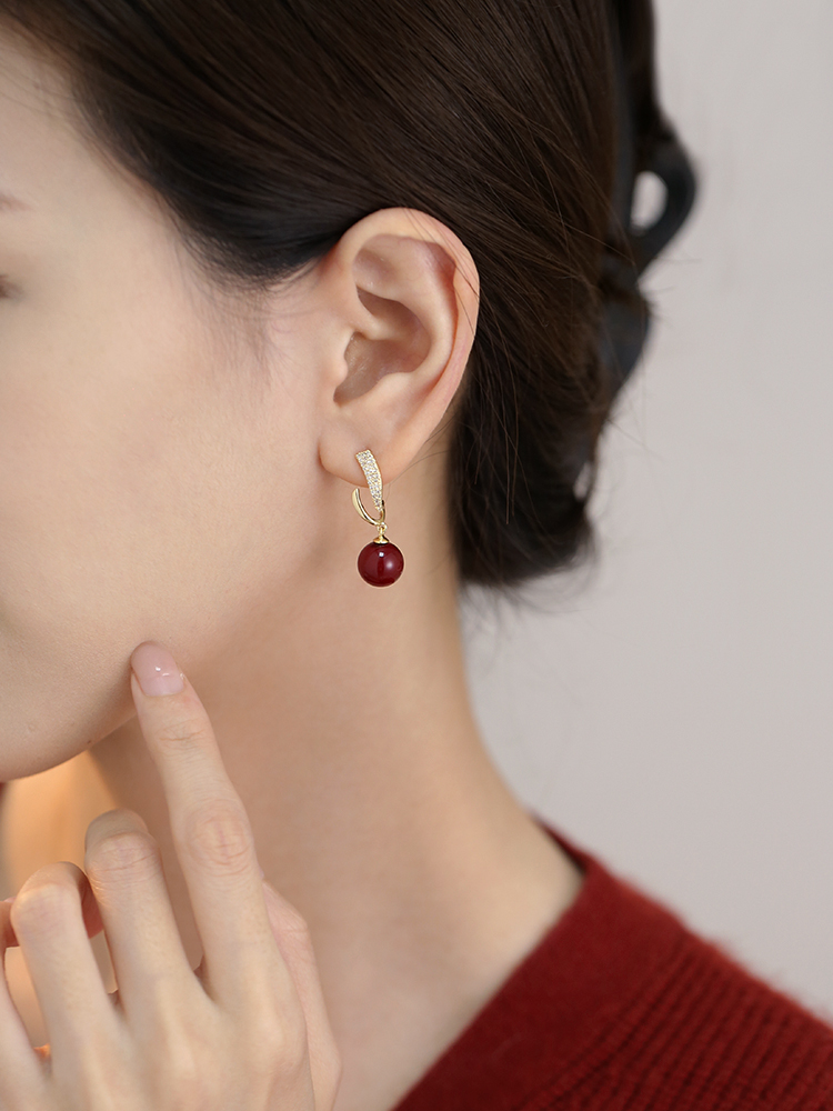 Red Pearl Earrings for Women - Light Luxury High-End Ear Studs, 2025 New Style, Elegant Accessories for New Year Celebrations