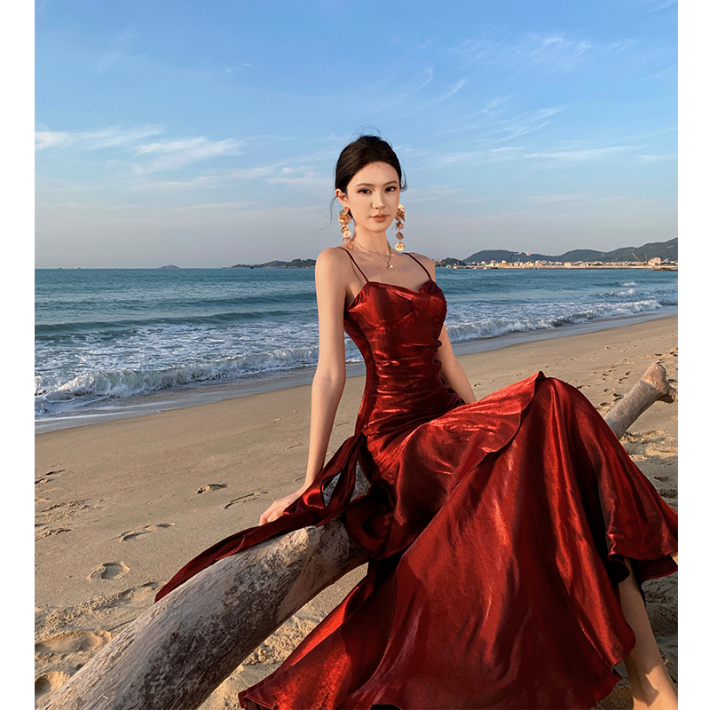 Red Ruffled Strap Dress for Women â€“ Light Luxury Long Gown for Seaside Vacation, Perfect for Summer Events