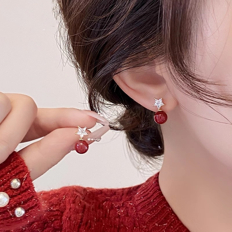 Red Shijia Pearl Stud Earrings - Elegant Temperament Niche Accessories for Chic Style