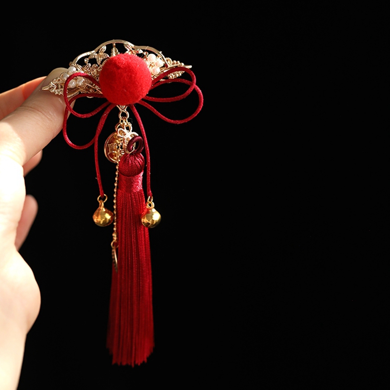 Red Tassel Bell Hair Clips for Kids - Festive Ancient Style Hanfu Side Accessories for New Year Celebrations