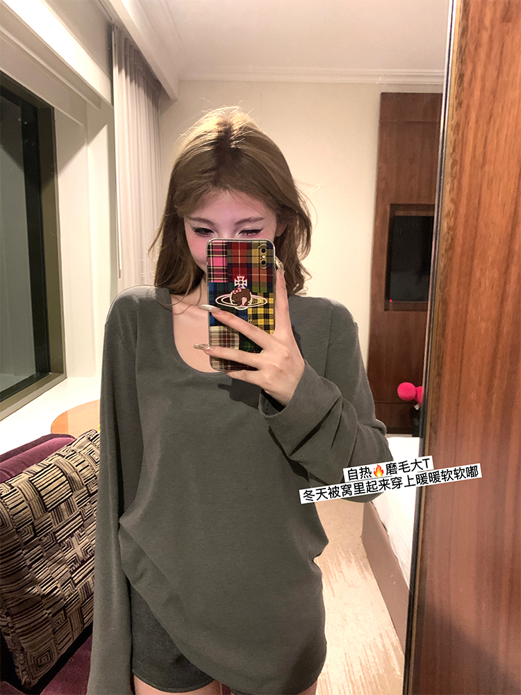 Relaxed Trap Design Brushed Base Layer Long Sleeve T-Shirt for Women - Loose Versatile Casual Top, Y2K Inspired Style