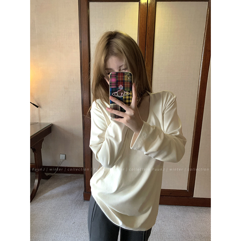 Relaxed Trap Design Brushed Base Layer Long Sleeve T-Shirt for Women - Loose Versatile Casual Top, Y2K Inspired Style