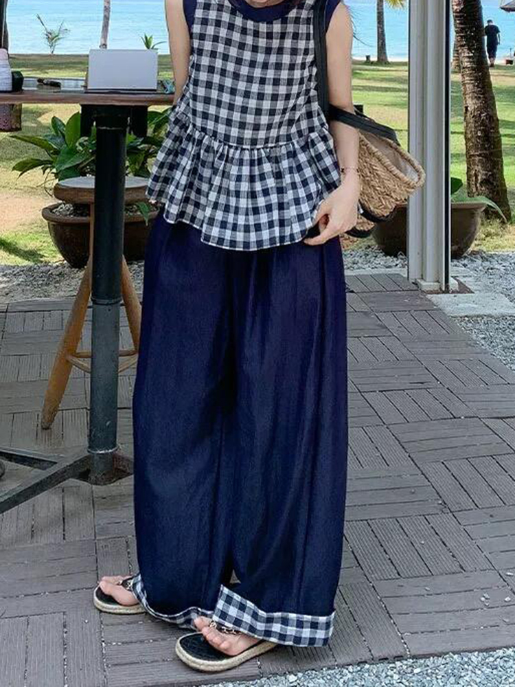 Retro Blue Checkered Cuffed Wide-Leg Pants for Women - 2025 Summer High-End Fashion Casual Floor-Length Trousers