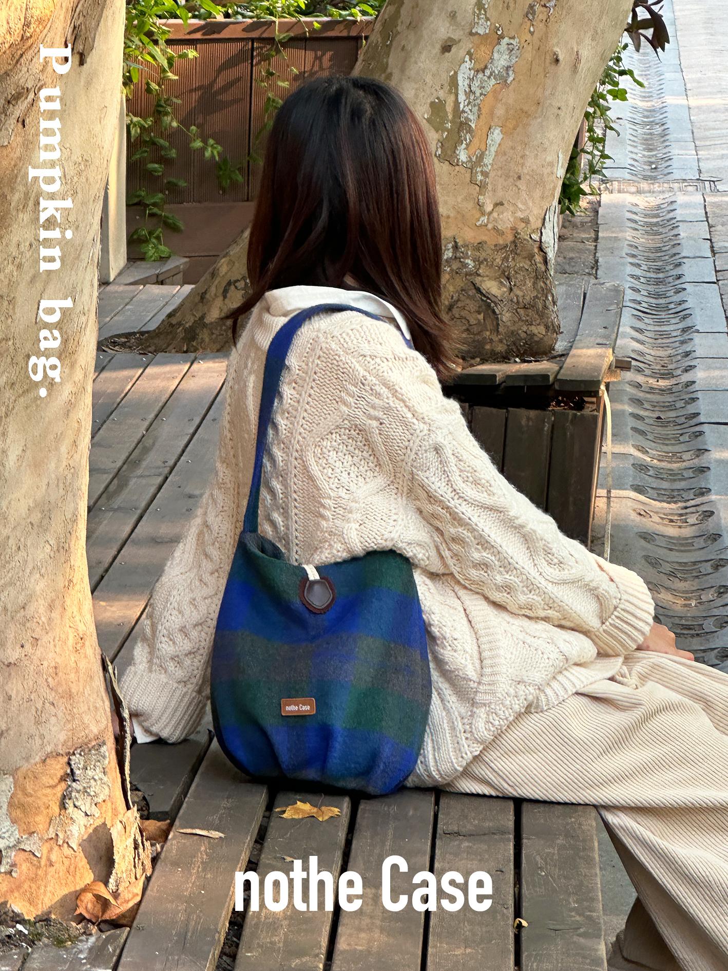Retro Blue-Green Plaid Pumpkin Bag - Cute Woolen Shoulder Bag for Y2K Style Enthusiasts