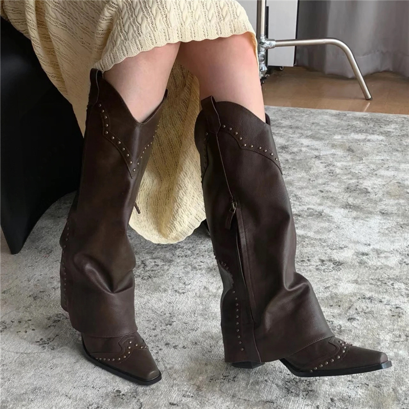 Retro Brown Studded Ankle Boots for Women - V-Shaped Chunky Heels, Slimming Western Cowboy Style, Autumn 2025 Fashion