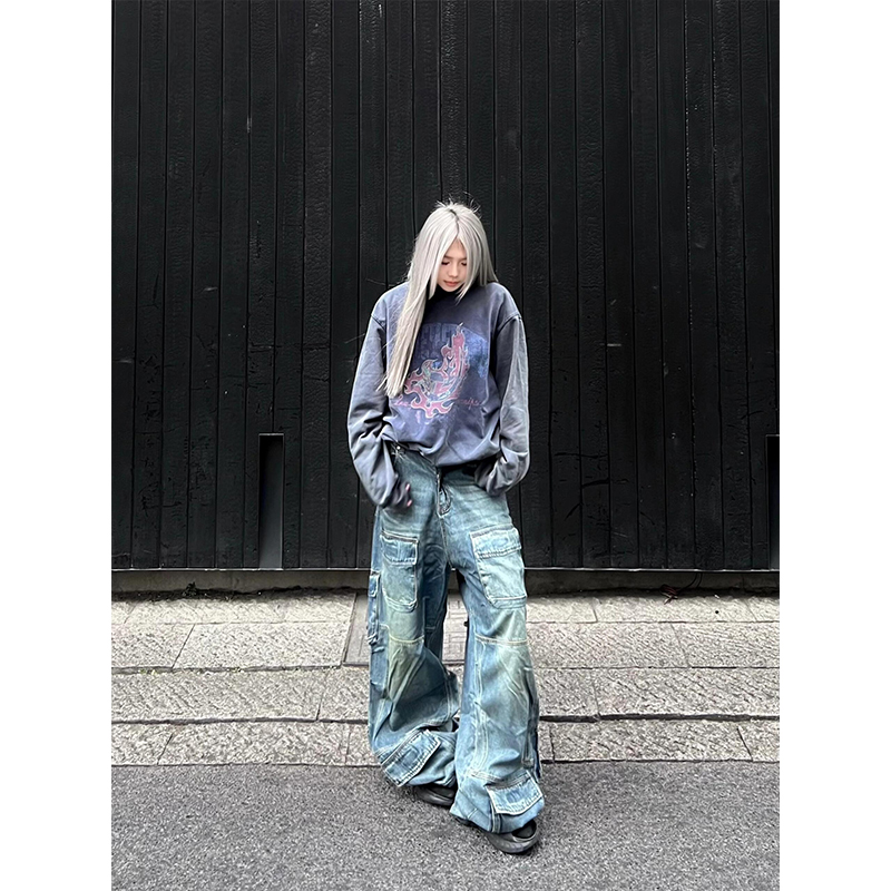Retro High Street Women's Denim Pants - Loose Slim Straight Wide-Leg Workwear for Spring & Autumn