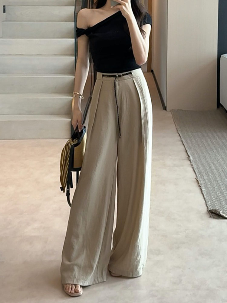 Retro High-Waisted Wide-Leg Pants for Women - Versatile Loose Straight-Leg Casual Trousers for Summer 2025