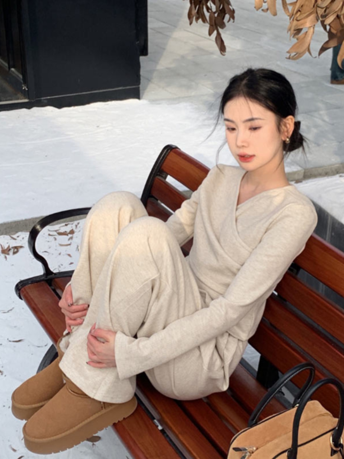 Retro Irregular Long Sleeve Top & Slim Fit Wide Leg Pants Two-Piece Set for Women - Casual Autumn Winter Outfit