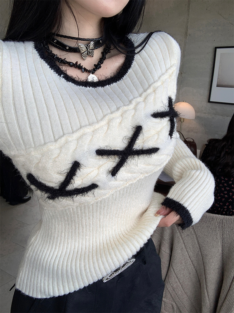 Retro Milk Cake Girl Slim Fit Knitted Sweater for Women - Vintage Style Base Layer Top