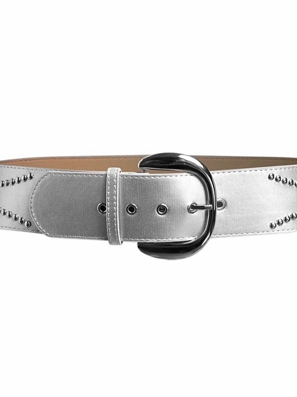 Retro Personality Distressed Leather Punk Style Wide Belt with Studs - Silver Hot Girl Fashion Accessory