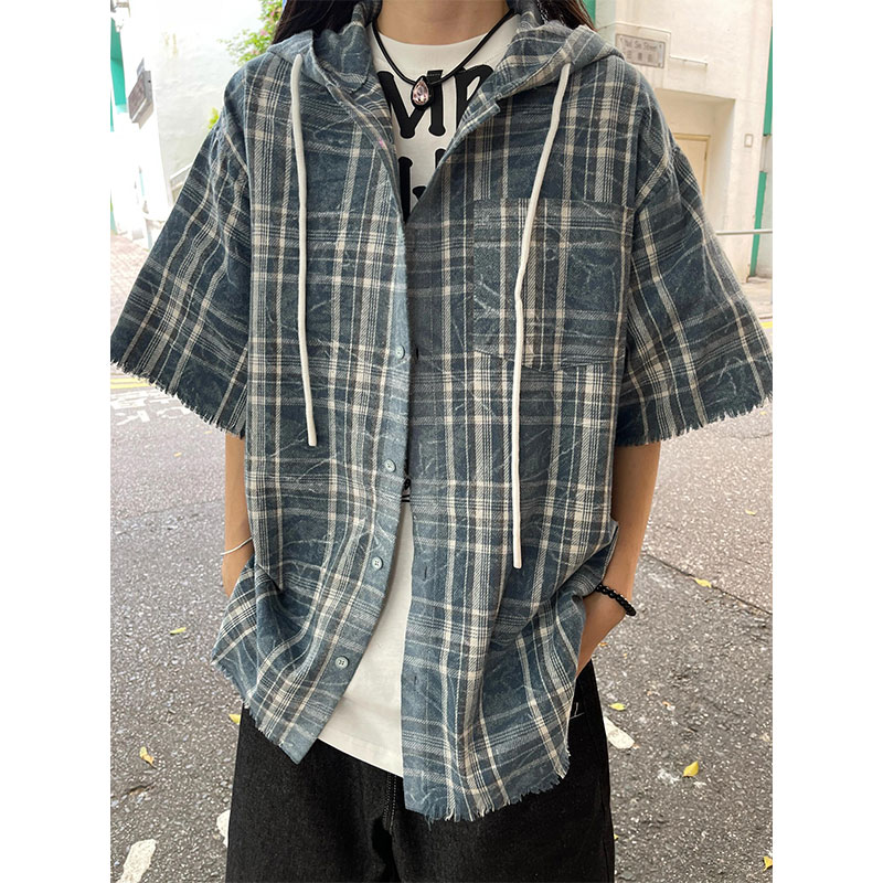 Retro Plaid Hooded Shirt - Eccentric American High Street Loose Casual Frayed Short Sleeve Top for Y2K Fashion