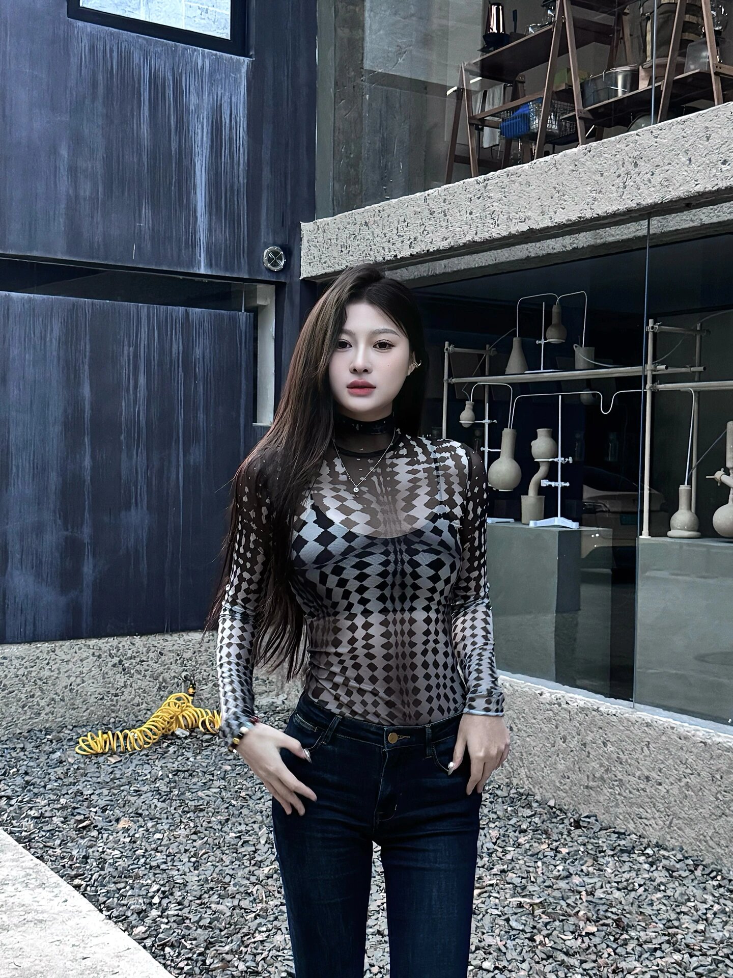 Retro Polka Dot Mesh Long Sleeve T-Shirt - Slim Fit Versatile Base Layer Top for a Chic 90s Inspired Look